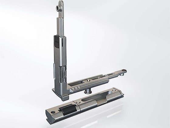 Schüco AvanTec SimplySmart: Verdeckter Sicherheitsbeschlag zur Aushebesicherung Detaillierte Aufnahme von dem verdeckten Sicherheitsbeschlag zur Aushebesicherung von Schüco-Alu Fenstern
