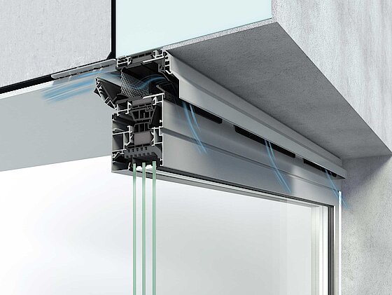 Schüco Fenster mit Vario Air Belüftungssystem Grafik von einem Aluminium-Fenster des HerstellersSchüco mit Veranschaulichung des Vario Air Belüftungssystem