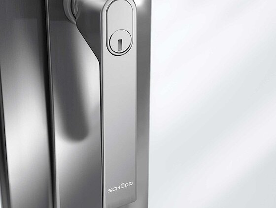 Abschließbarer Griff Detaillierte Aufnahme von dem abschließbaren Griff eines Schüco Aluminium Fensters
