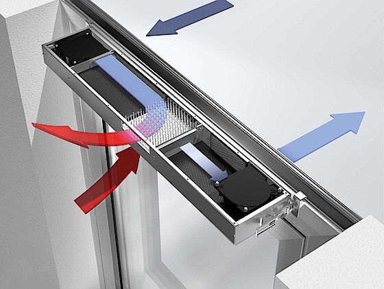 Grafik von einem Schüco Alu-Fenster mit Veranschaulichung des Vento Therm Belüftungssystem