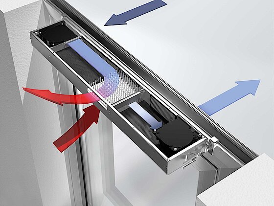 Schüco Fenster mit Vento Therm Belüftungssystem in Dortmund Grafik von einem Aluminium-Fenster des Herstellers Schüco mit Veranschaulichung des Vento Therm Belüftungssystem