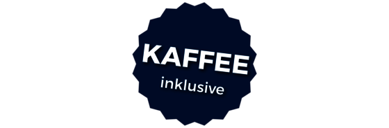 Blauer Kreis mit weißer Schrift Kaffee inklusive